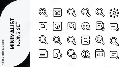 Search set of web icons in line style. Magnifying glass linear icon collection. Containing SEO, Digital marketing, data analysis, management, investigate, find and more. Editable stroke