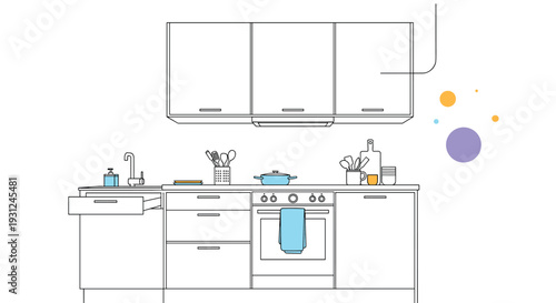 Stylish modern kitchen illustration features white cabinetry and blue cooking items with abstract shapes and bright colors.