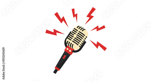 A vintage microphone surrounded by red lightning bolts on a plain white background viewed from a slight angle