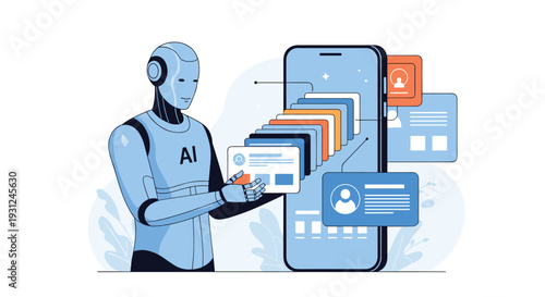 Futuristic robot with artificial intelligence interacts with a giant smartphone displaying various user profiles for search.