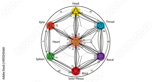 Chakra diagram with sacred geometry and symbols.