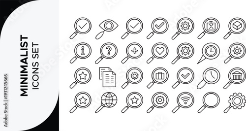 Search set of web icons in line style. Magnifying glass linear icon collection. Containing SEO, Digital marketing, data analysis, management, investigate, find and more. Editable stroke
