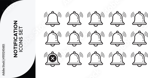 Notification icon set,Notification Bell Vector Art, Icons, alarm clock, calendar reminder, notification bell, message alarm, phone ring, time reminder, delivery notification, calendar bell and linear 
