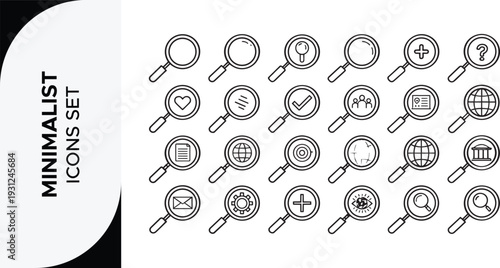 Search set of web icons in line style. Magnifying glass linear icon collection. Containing SEO, Digital marketing, data analysis, management, investigate, find and more. Editable stroke