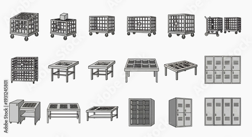 Vector set of commercial storage and display equipment industrial carts, sturdy racks, retail shelves, and secure lockers for warehouse and business organization
