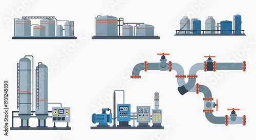 Industrial complex with tanks, pipes, and machinery, representing factory and manufacturing processes