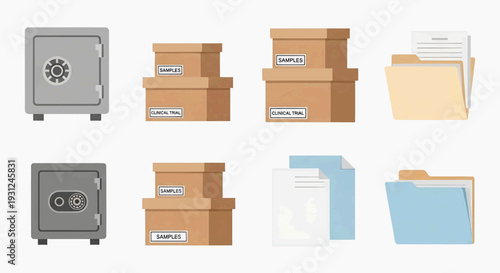 Vector illustrations of secure storage solutions and document organization, featuring safes, cardboard archival boxes, and essential file folders for business data management and protection
