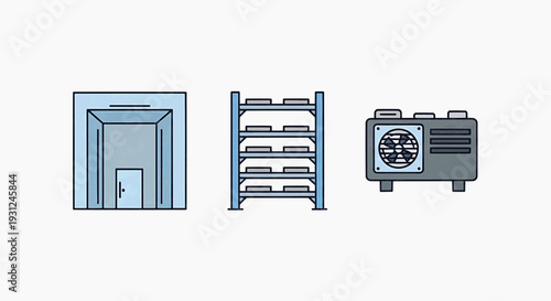 Three industrial icons representing a storage unit, shelving rack, and air conditioning unit, presented on a plain background