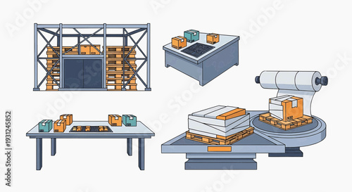 Warehouse operations and logistics, including inventory management, packing, and shipping processes depicted in a clean, modern illustration style