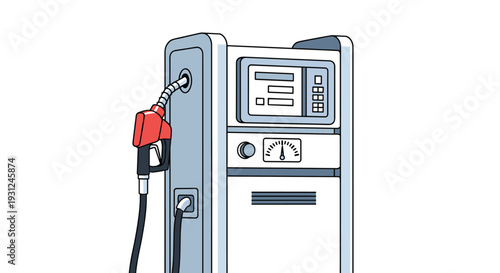 Industrial gas station pump with red fuel nozzle showing meter display in a clean black and white outline drawing.