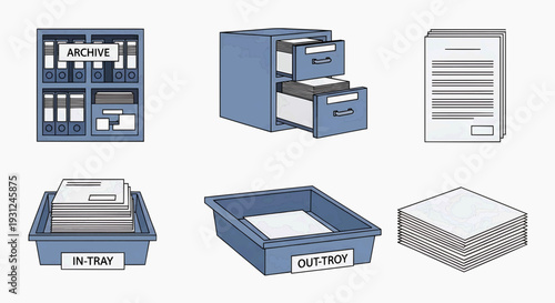 Comprehensive collection of illustrations depicting essential office supplies and systems for efficient document organization and administrative management