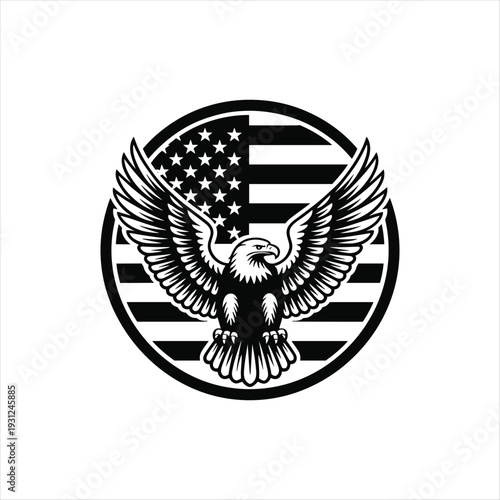 American Eagle with USA Flag in Circle Badge – Black and White Patriotic Vector Emblem