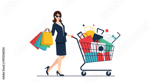 Fashionable businesswoman in dark suit pushing shopping cart full of packages representing consumerism and commerce.