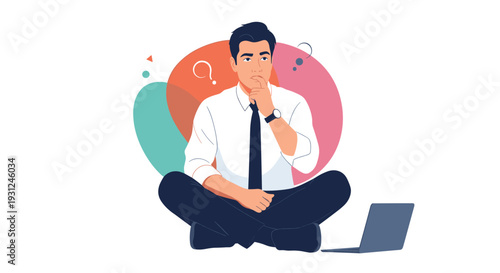 Business professional sitting cross legged and thinking deeply with thought bubbles in a modern flat design style.