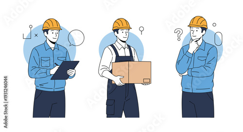 Group of construction workers in blue uniforms and hard hats performing tasks like writing and carrying equipment.