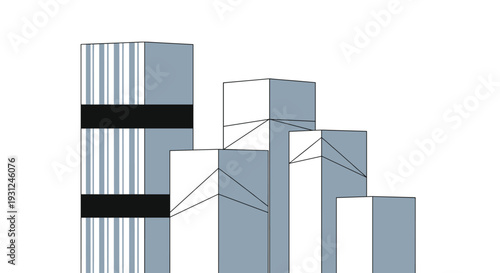 Group of stylized tall buildings and skyscrapers in minimalist blue and grey tones representing urban city life.
