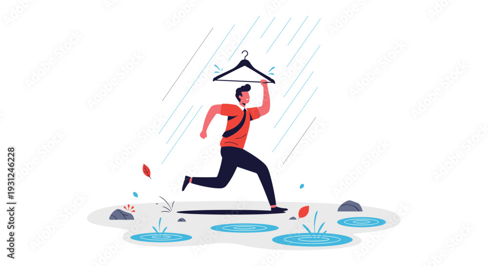 Fototapeta premium Business professional running through rain puddles while using a coat hanger as a makeshift umbrella for shelter.