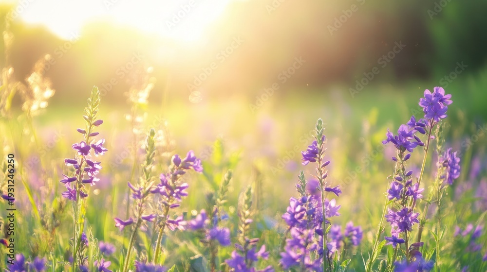 Fototapeta premium Lavender Field at Sunset: A field of vibrant lavender flowers basks in the warm glow of the setting sun, evoking feelings of serenity and natural beauty. 