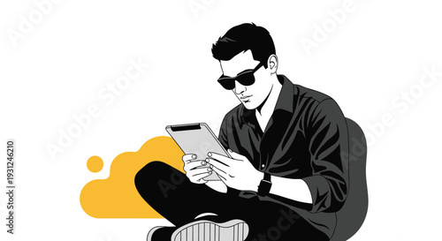 Stylish man wearing sunglasses and black shirt sitting and using a digital tablet against an abstract background.