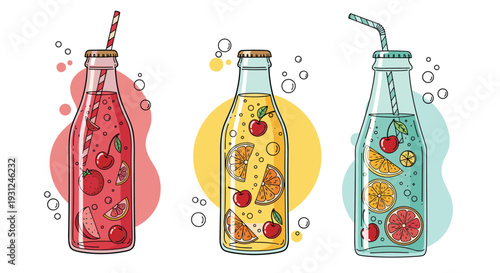 Three glass bottles filled with refreshing fruit juice or soda with straws and colorful bubbles for beverage design.