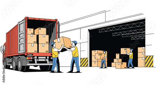 Logistics workers loading cardboard boxes into a large red shipping container truck at a warehouse loading dock.