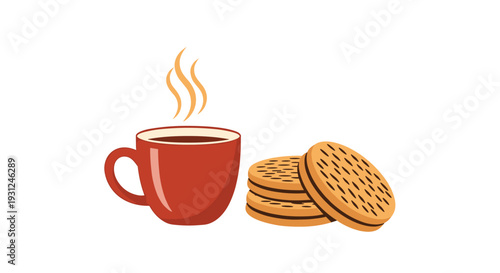Steaming hot cup of coffee or tea served with a stack of delicious round chocolate filled cookies on white space.