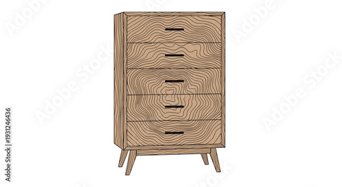 Five drawer wooden dresser with detailed wood grain pattern and slim legs in mid century modern furniture style.