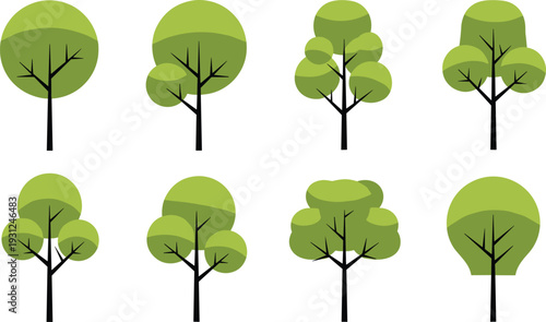 Flat Tree Icon Set Green Cartoon Trees Collection Nature Forest Vector Illustration