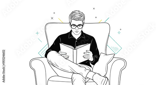 Detailed line art drawing of a focused young man wearing glasses while reading a book in a comfortable armchair.