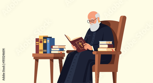 Wise elderly priest with a long white beard sitting in a classic wooden chair and reading from a holy scripture.