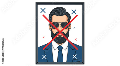 Stylish portrait of a bearded man in a business suit with sunglasses crossed out by a red mark inside a frame.