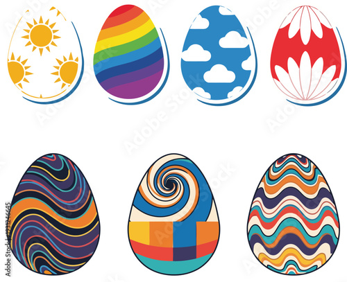 A joyful collection of vibrant sticker style easter egg illustrations, featuring diverse abstract and thematic patterns for spring celebrations.