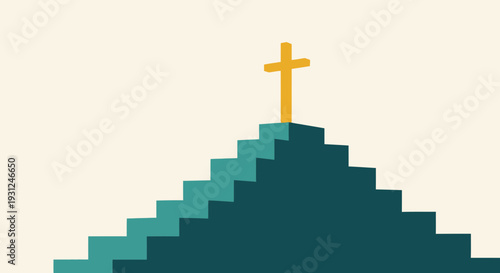 Flat Vector Cross on Stepped Hill Shape Illustration