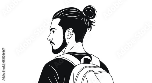 Minimalist black and white profile drawing of a young man with a man bun hairstyle carrying a casual backpack.