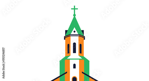Church Tower with Cross Flat Vector Illustration