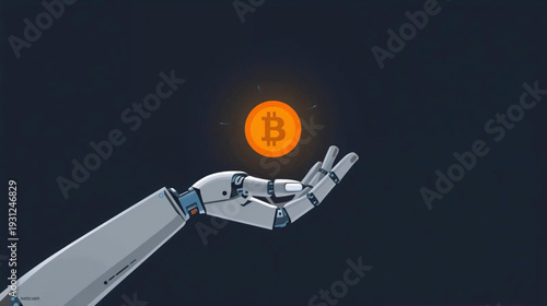 Vector Illustration of Metal Hand of Humanoid Robot is Holding bitcoin