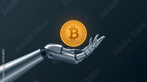 Vector Illustration of Metal Hand of Humanoid Robot is Holding bitcoin