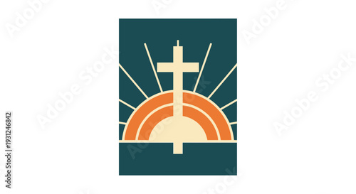 Cross and Sunrise Minimal Badge Flat Vector Illustration