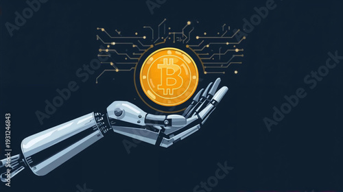Vector Illustration of Metal Hand of Humanoid Robot is Holding bitcoin