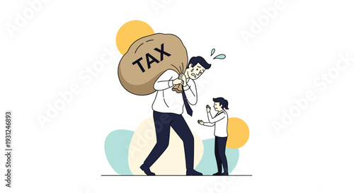 Overwhelmed businessman carries a heavy sack labeled tax on his back while a young child watches his struggle.