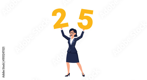 Successful businesswoman celebrates a milestone by holding up large golden numbers that form twenty five.