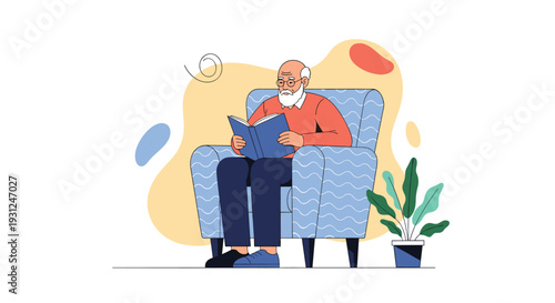 Relaxed elderly man with a white beard sits in a comfortable armchair and reads a book in a cozy setting.