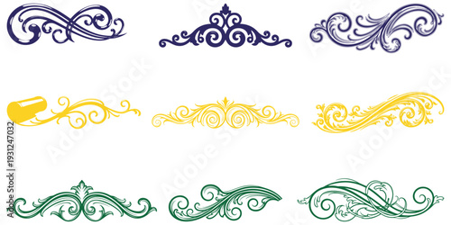 Set of blue, pink, and green vintage ornamental swirl designs eps 10