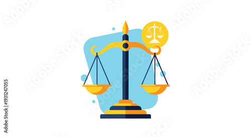 Golden justice scales icon on a blue abstract background represents law legal services and courtroom balance.