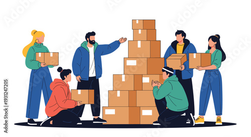 Diverse group of people working together to stack various sized cardboard boxes in a collaborative effort for moving or charity.