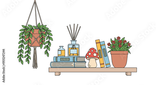 Cozy wooden shelf decorated with indoor potted plants, a hanging macrame planter, books, an aroma diffuser, and a mushroom figurine.
