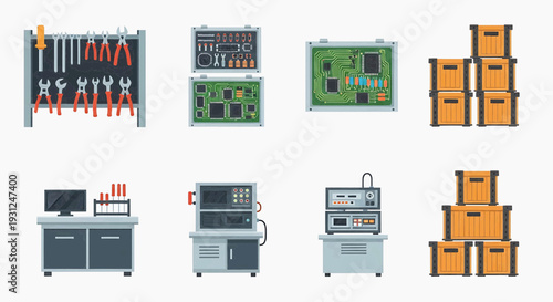 Comprehensive collection of electronics components, advanced laboratory testing equipment, diverse hand tools, and industrial storage units for modern technology and engineering workshops