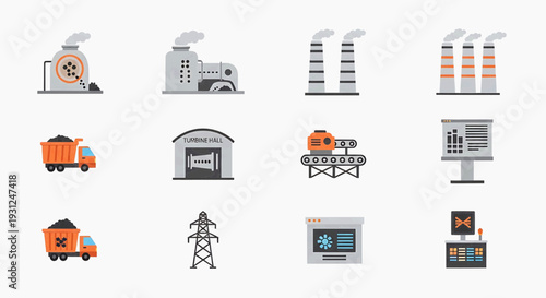Industrial icons representing production, power, and logistics, suitable for manufacturing and energy sector presentations