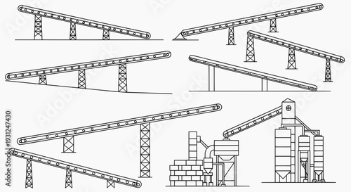 Collection of modern industrial conveyor belt systems for bulk material handling, logistics, and processing in manufacturing and construction sectors line art illustrations