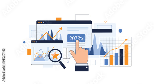 Complex financial dashboard showing various graphs, charts, and a large percentage increase being pointed at by a human hand.
